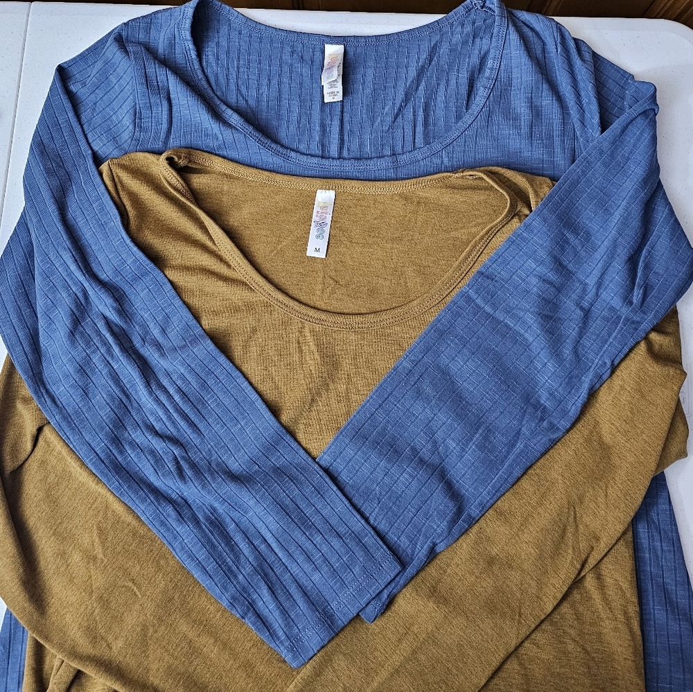 LuLaRoe Long Sleeve Ribbed Scoop Neck Top in Blue and Mustard MA-B61